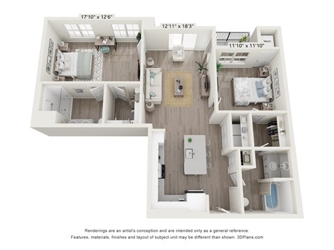2 bed 2 bath 1,119 Sq. Ft. B2A floor plan at Enclave Crystal Lake, Crystal Lake, Illinois